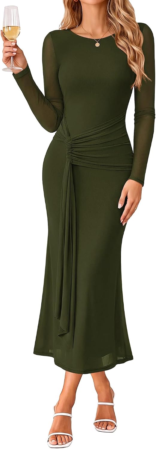 GRACE KARIN Women's Long Sleeve Bodycon Wedding Guest Dress | Cocktail Party,Formal,Maxi,Crew Neck,Mesh,Ruched
