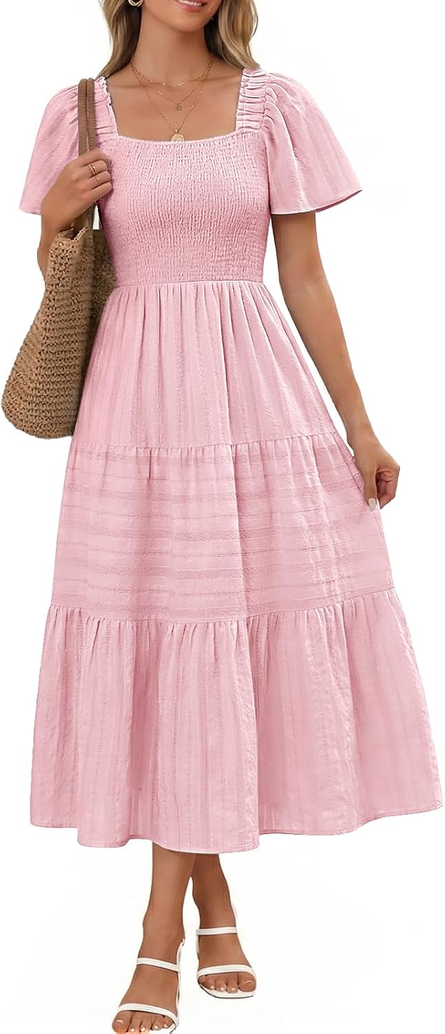 Bbonlinedress Women Summer Midi Casual Smocked Boho Dress with Pockets | Square Neck, Tea Length, Ruffle Short Sleeve, Cotton, Wedding Guest Church, Flowy Fit & Flare Dress