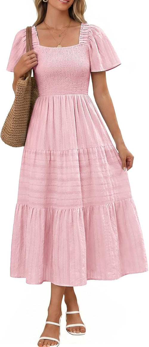 Bbonlinedress Women Summer Midi Casual Smocked Boho Dress with Pockets | Square Neck, Tea Length, Ruffle Short Sleeve, Cotton, Wedding Guest Church, Flowy Fit & Flare Dress
