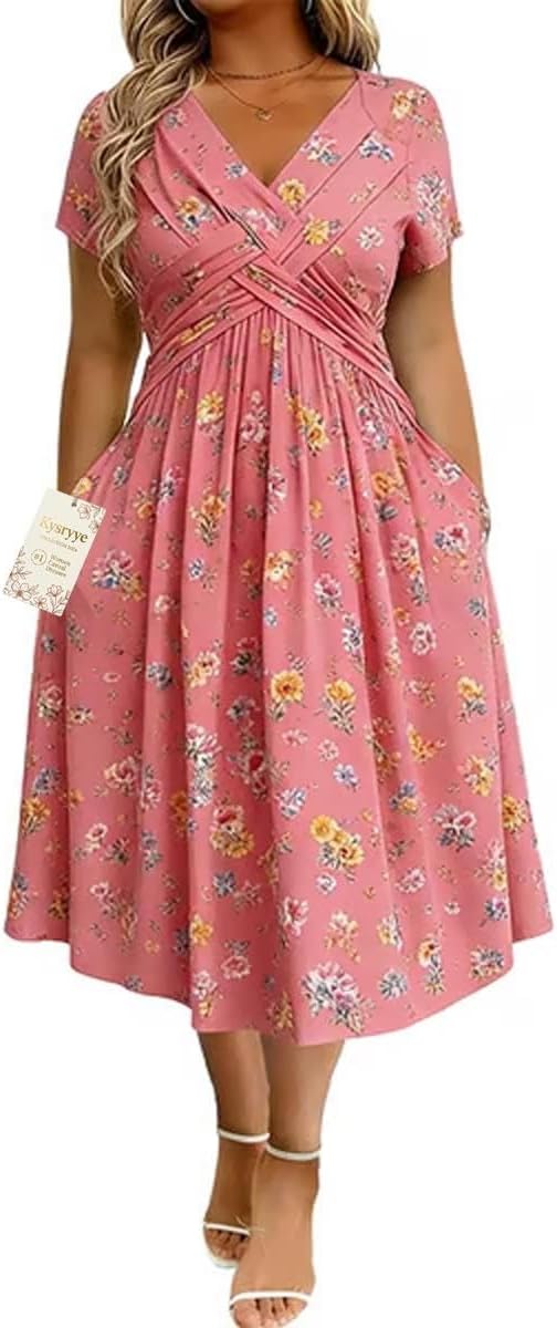 2026 Women's V-Neck Floral Print Dress with Twist Waist and Side Pockets | Twist Front Dress Soft Floral Midi with V-Neck A-Line Skirt and Side Pockets for Brunch Vacations Parties and Everyday Wear