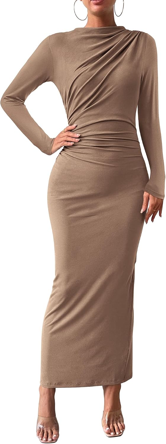 BTFBM Maxi Long Sleeve Dresses for Women Wedding Guest | Mock Neck,Back Slit,Lightweight,Ruched Bodycon Dress For Formal,Cocktail,Homecoming,Party,Date Night Outfits,Fall 2026
