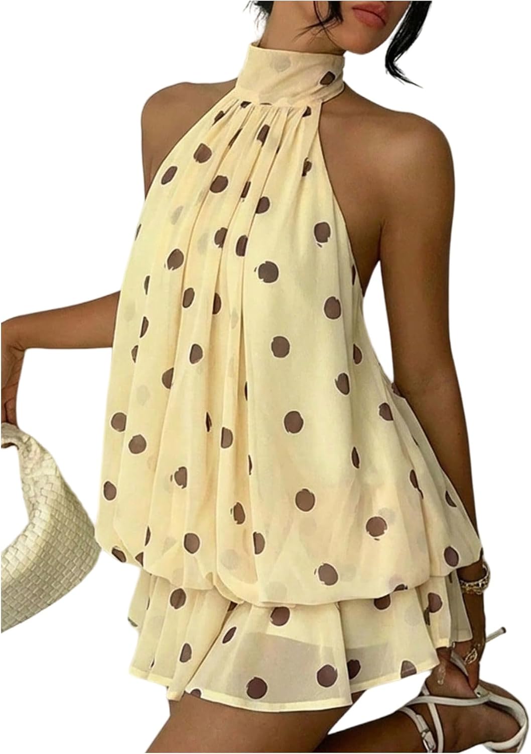 SHENHE Women's Halter Polka Dots Backless Ruffle Hem Mini Party Dress | Flowy Layered Bubble Ruffle Cut, Suitable for Party Holiday and Wedding Occasion Styling