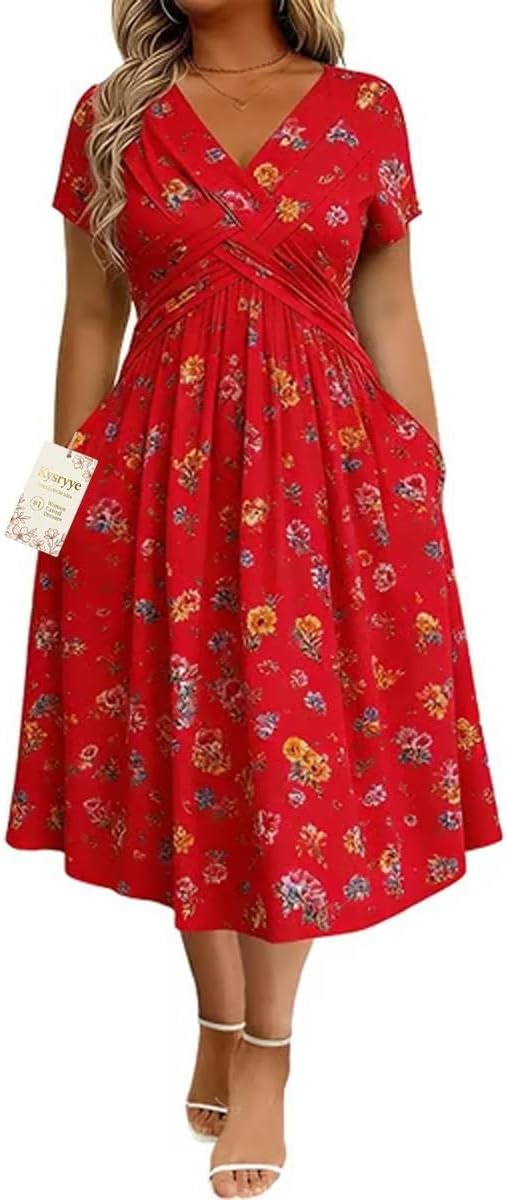2026 Women's V-Neck Floral Print Dress with Twist Waist and Side Pockets | Twist Front Dress Soft Floral Midi with V-Neck A-Line Skirt and Side Pockets for Brunch Vacations Parties and Everyday Wear