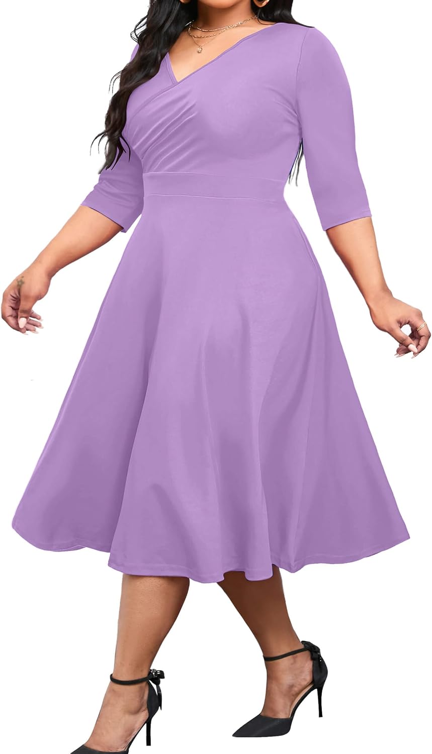 CLOCOR Plus Size Midi Dresses for Women A-Line V Neck Wrap Casual Dress | Curvy fit, shirred bodice, 3\/4 sleeve, hidden pockets, stretch empire waist, elegant style for cocktail party