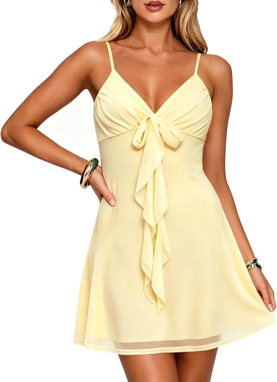 Bluetime Womens Sexy V Neck Sleeveless Mesh Spaghetti Strap Bow Short Dress Casual Flowy Cruise Club Party Mini Sundress