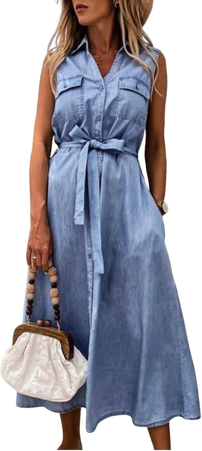 utcoco Womens Summer Casual Belted Sleeveless Denim Shirt Dresses Button A-Line Swing Jean Long Dress