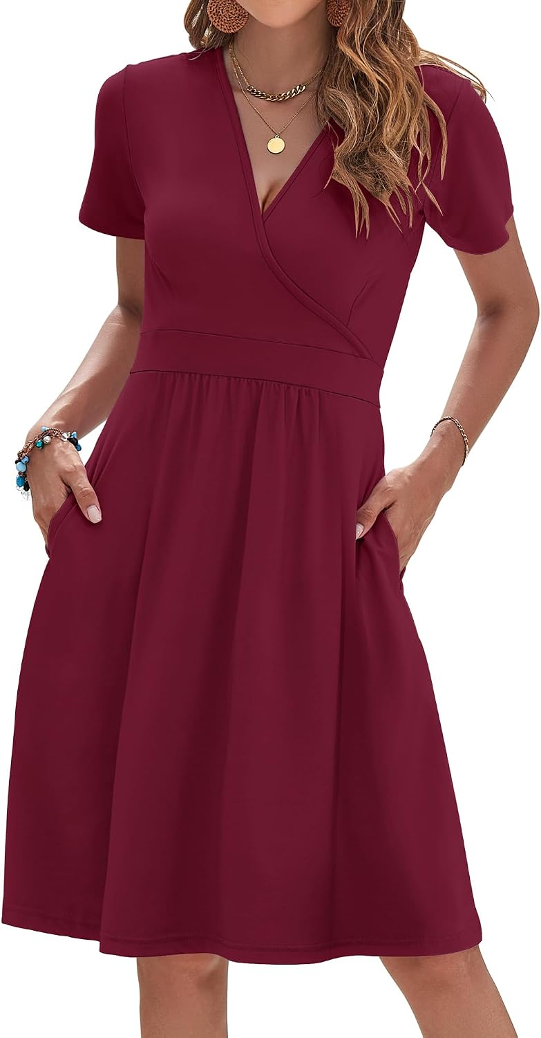 AUSELILY Womens Summer Dresses 2026 Short Sleeve V Neck Faux Wrap Dress | Surplice front, Pockets set into the skirt, Vacation dress for sightseeing, Style low heels with simple jewelry