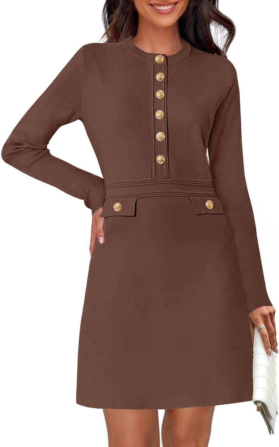 NENONA Women's 2026 Long Sleeve Fall Winter Sweater Dress Spring Fashion Button Elegant Business Casual Work Mini Dresses