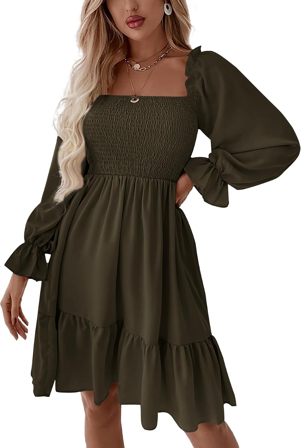 LYANER Women's Shirred Party Mini Dress | Square Neck Lantern Long Sleeve Ruffle A Line Flowy Casual Short Dresses