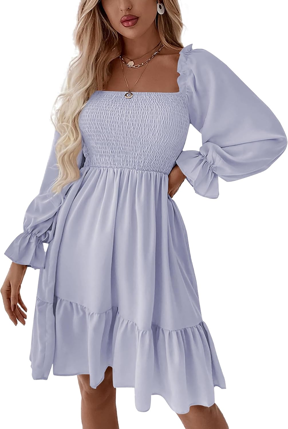 LYANER Women's Shirred Party Mini Dress | Square Neck Lantern Long Sleeve Ruffle A Line Flowy Casual Short Dresses