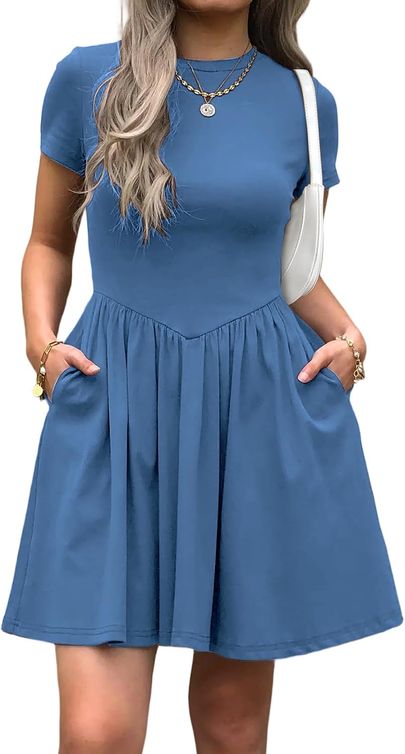 Evzeiem Womens Summer T Shirt Dress Short Sleeve Casual Mini Dresses Drop Waist Swing A Line Dress with Pockets