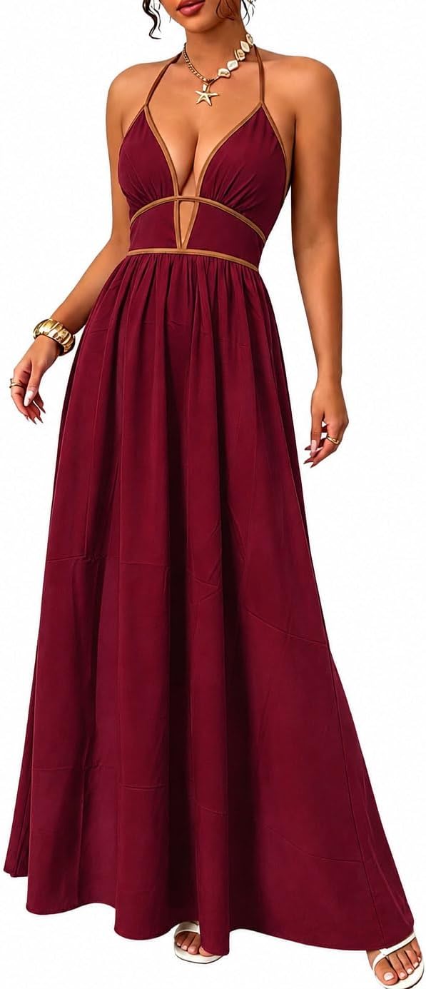 Women's Summer Sleeveless Striped Smocked Flowy Swing Maxi Halter V Neck A Line Casual Long Beach Vacation Dresses