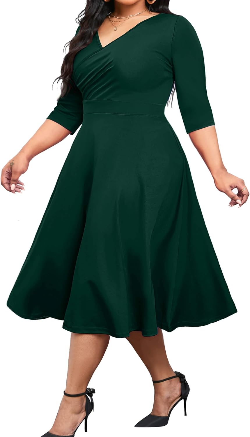 CLOCOR Plus Size Midi Dresses for Women A-Line V Neck Wrap Casual Dress | Curvy fit, shirred bodice, 3\/4 sleeve, hidden pockets, stretch empire waist, elegant style for cocktail party