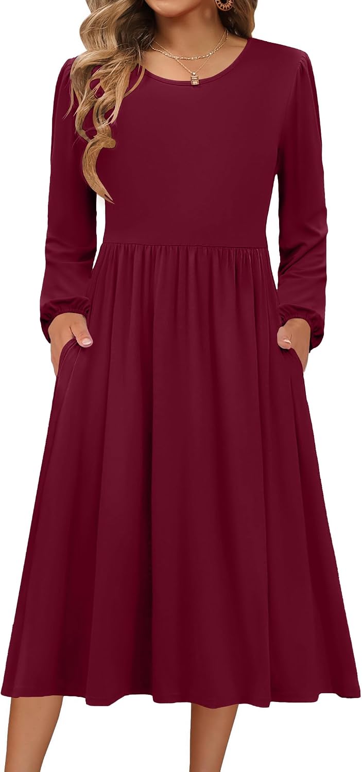 Zeagoo Long Sleeve Dresses for Women 2026 Fall Winter Casual Flowy A-Line Boho Midi Party Long Dress with Pockets