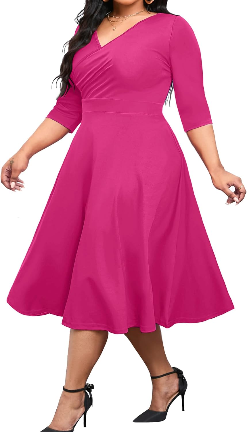CLOCOR Plus Size Midi Dresses for Women A-Line V Neck Wrap Casual Dress | Curvy fit, shirred bodice, 3\/4 sleeve, hidden pockets, stretch empire waist, elegant style for cocktail party