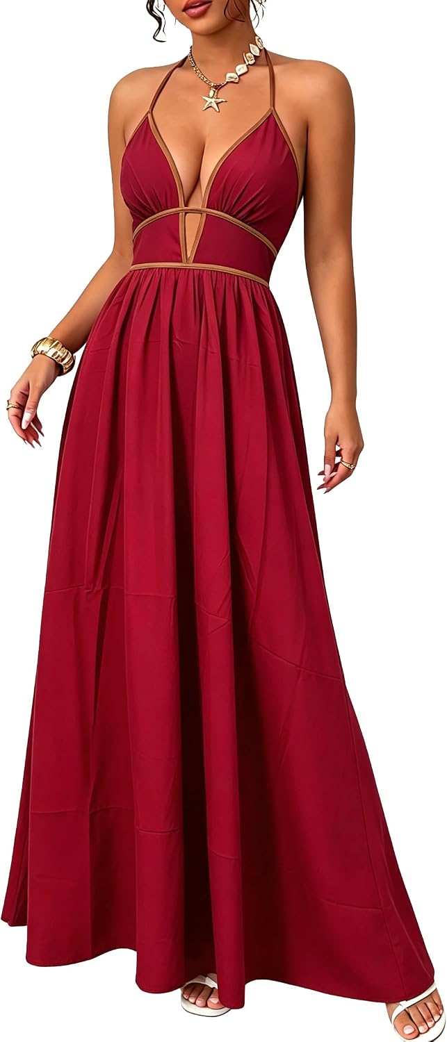 Women's Summer Sleeveless Striped Smocked Flowy Swing Maxi Halter V Neck A Line Casual Long Beach Vacation Dresses