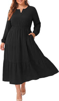 OLRIK Plus Size Fall Maxi Dress for Curvy Women Long Sleeve Pockets | Smocked Waist Tiered Skirt Deep Pockets Autumn Boho Maxi Dress for Wedding Guest Family Photo Teacher or Work Casual
