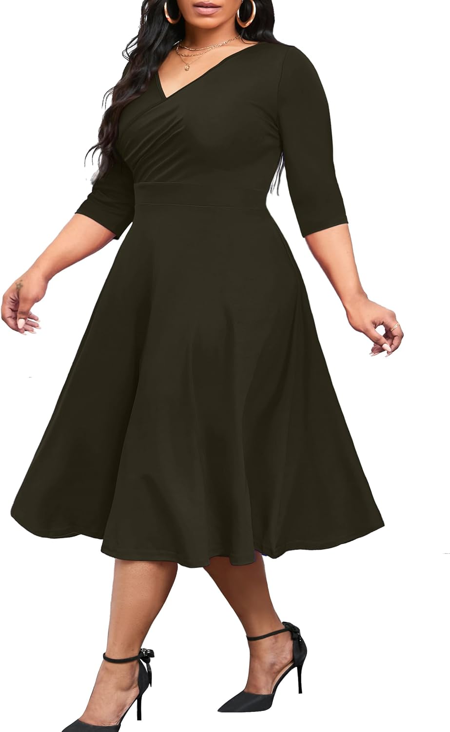 CLOCOR Plus Size Midi Dresses for Women A-Line V Neck Wrap Casual Dress | Curvy fit, shirred bodice, 3\/4 sleeve, hidden pockets, stretch empire waist, elegant style for cocktail party