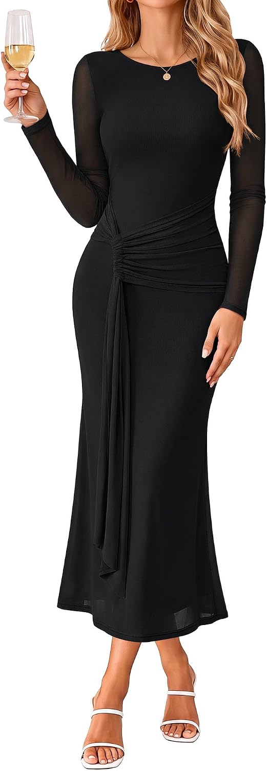 GRACE KARIN Women's Long Sleeve Bodycon Wedding Guest Dress | Cocktail Party,Formal,Maxi,Crew Neck,Mesh,Ruched