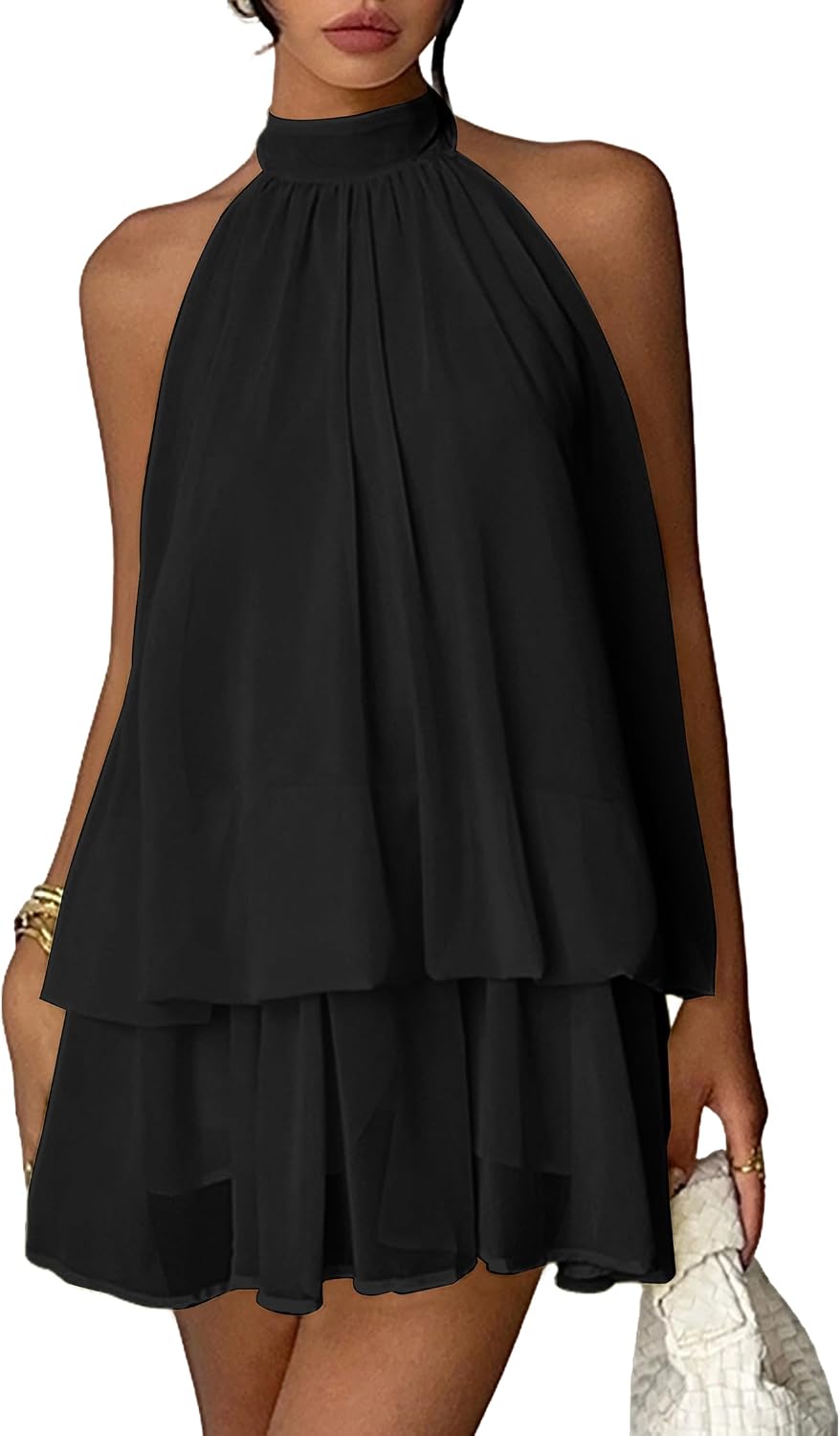 Chiffon Dresses for Women Sexy Halter Backless Drop Waist Mini Dress | Ruffle Open Back Wedding Guest Dresses Bubble Night Out Cocktail Dress Beach Vacation Birthday Party