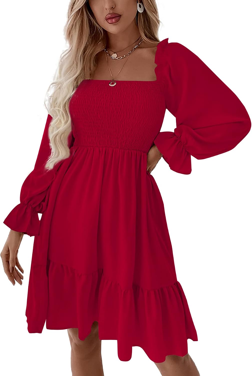 LYANER Women's Shirred Party Mini Dress | Square Neck Lantern Long Sleeve Ruffle A Line Flowy Casual Short Dresses