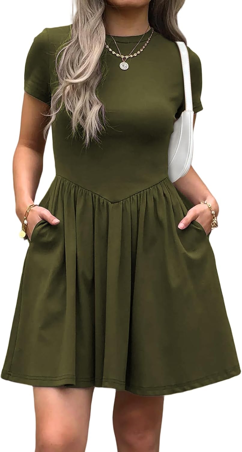 Evzeiem Womens Summer T Shirt Dress Short Sleeve Casual Mini Dresses Drop Waist Swing A Line Dress with Pockets