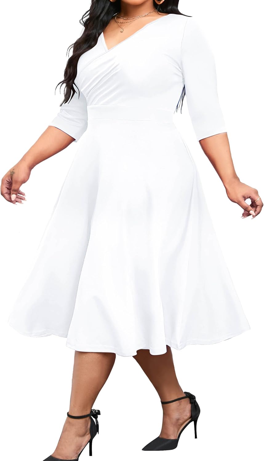 CLOCOR Plus Size Midi Dresses for Women A-Line V Neck Wrap Casual Dress | Curvy fit, shirred bodice, 3\/4 sleeve, hidden pockets, stretch empire waist, elegant style for cocktail party