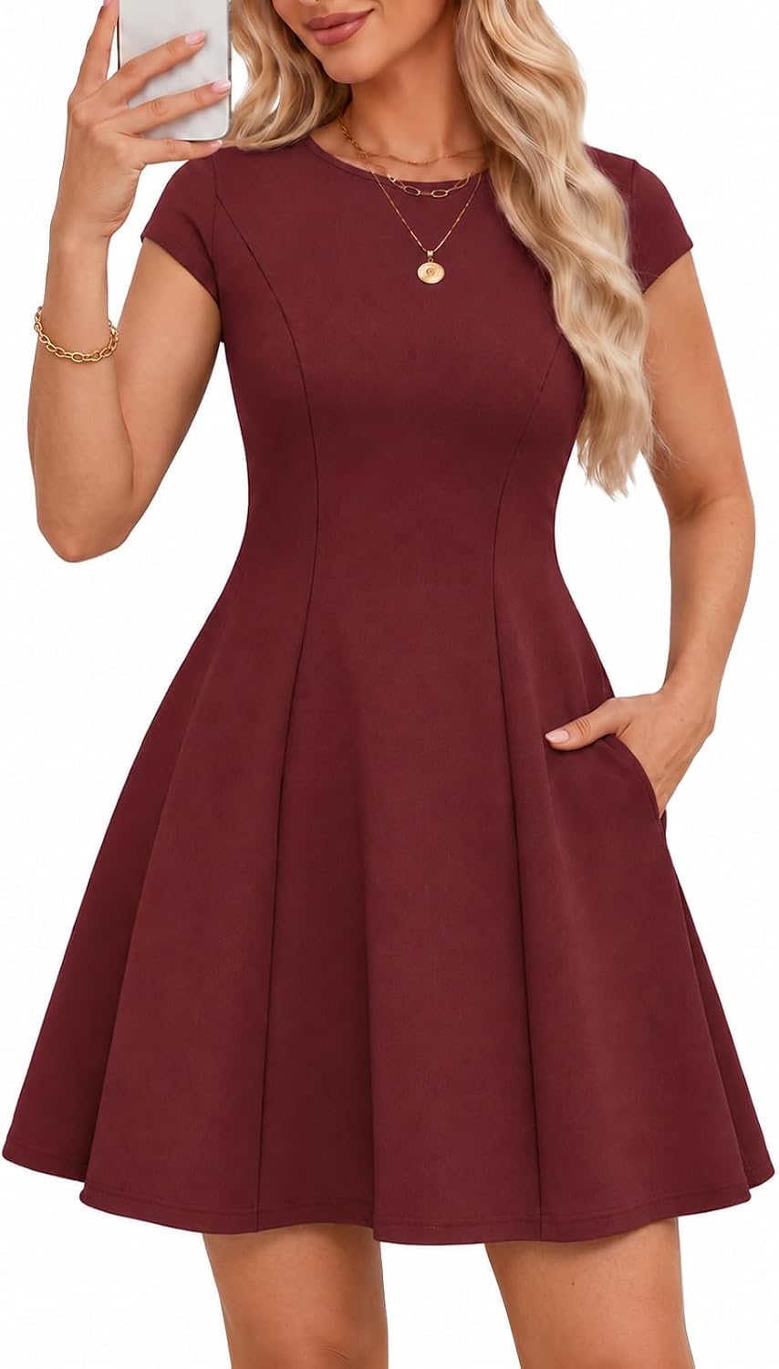 Meetjen Women\u2019s Short Formal A Line Elegant Homecoming Cocktail Dress | Cap Sleeve, Round Neck, Summer Wedding Guest Dress, Graduation, Business Casual Work, Mini Prom Party Dresses with Pockets