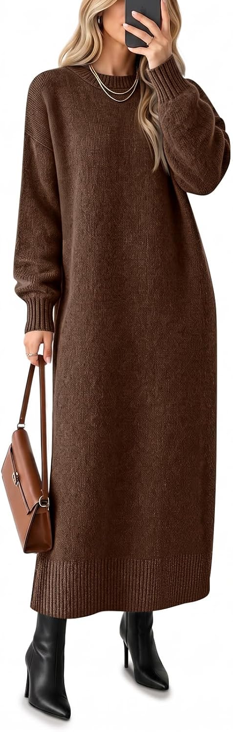 Saodimallsu Womens Long Sleeve Maxi Sweater Dress Crew Neck Knit Dresses | Ankle Length, Casual, Soft Knit, Pullover, Relaxed Fit, Warm Fall Winter Outfits