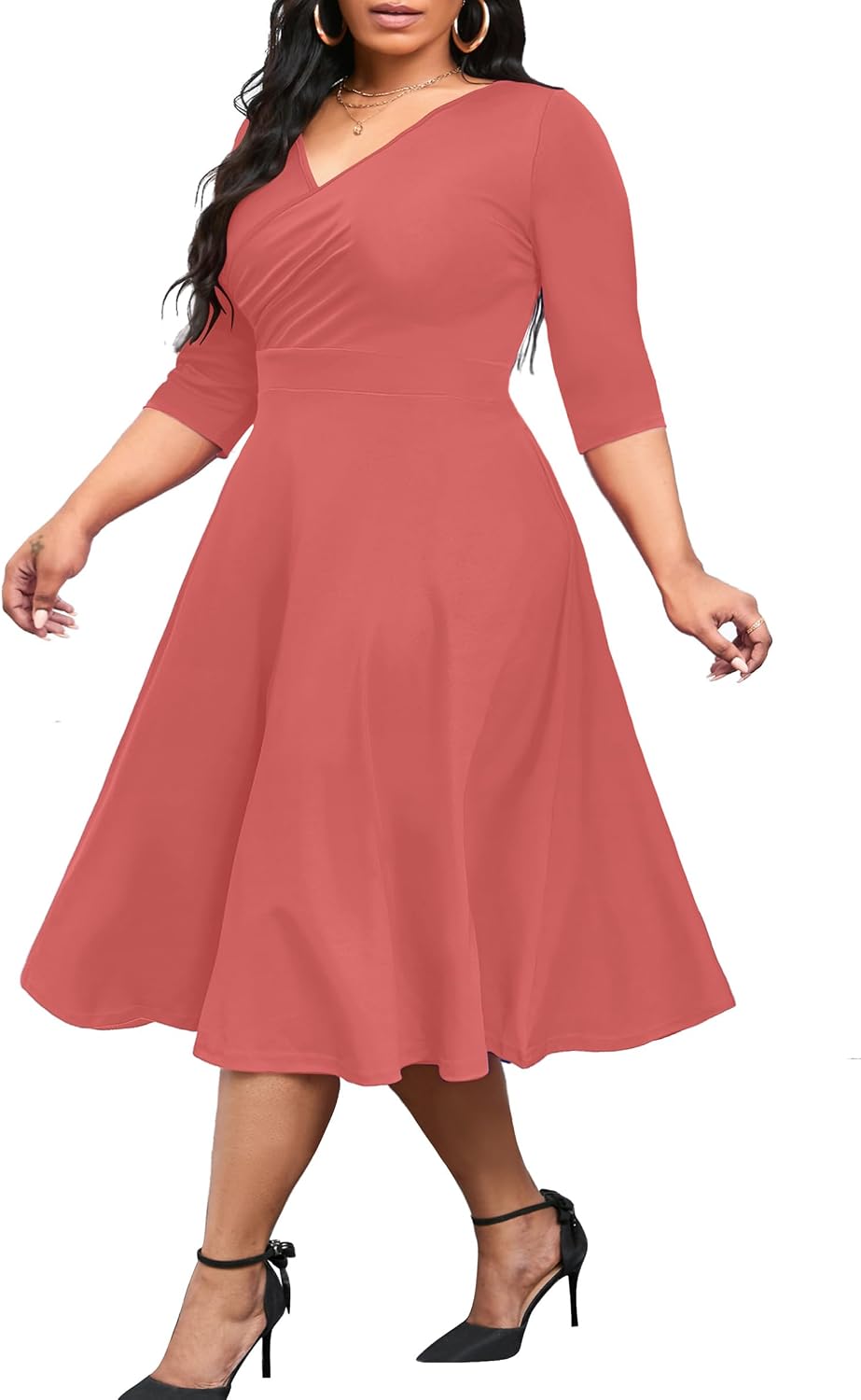 CLOCOR Plus Size Midi Dresses for Women A-Line V Neck Wrap Casual Dress | Curvy fit, shirred bodice, 3\/4 sleeve, hidden pockets, stretch empire waist, elegant style for cocktail party