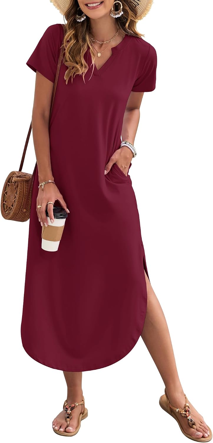 MISFAY Women's Short Sleeves Summer Maxi Dresses with Pocket | Notched V-neck, Side Splits, Two Pockets, Swing Sundress Hem, Loose Shirt Dress Fit, Ankle Length, Beach Vacation Outfits
