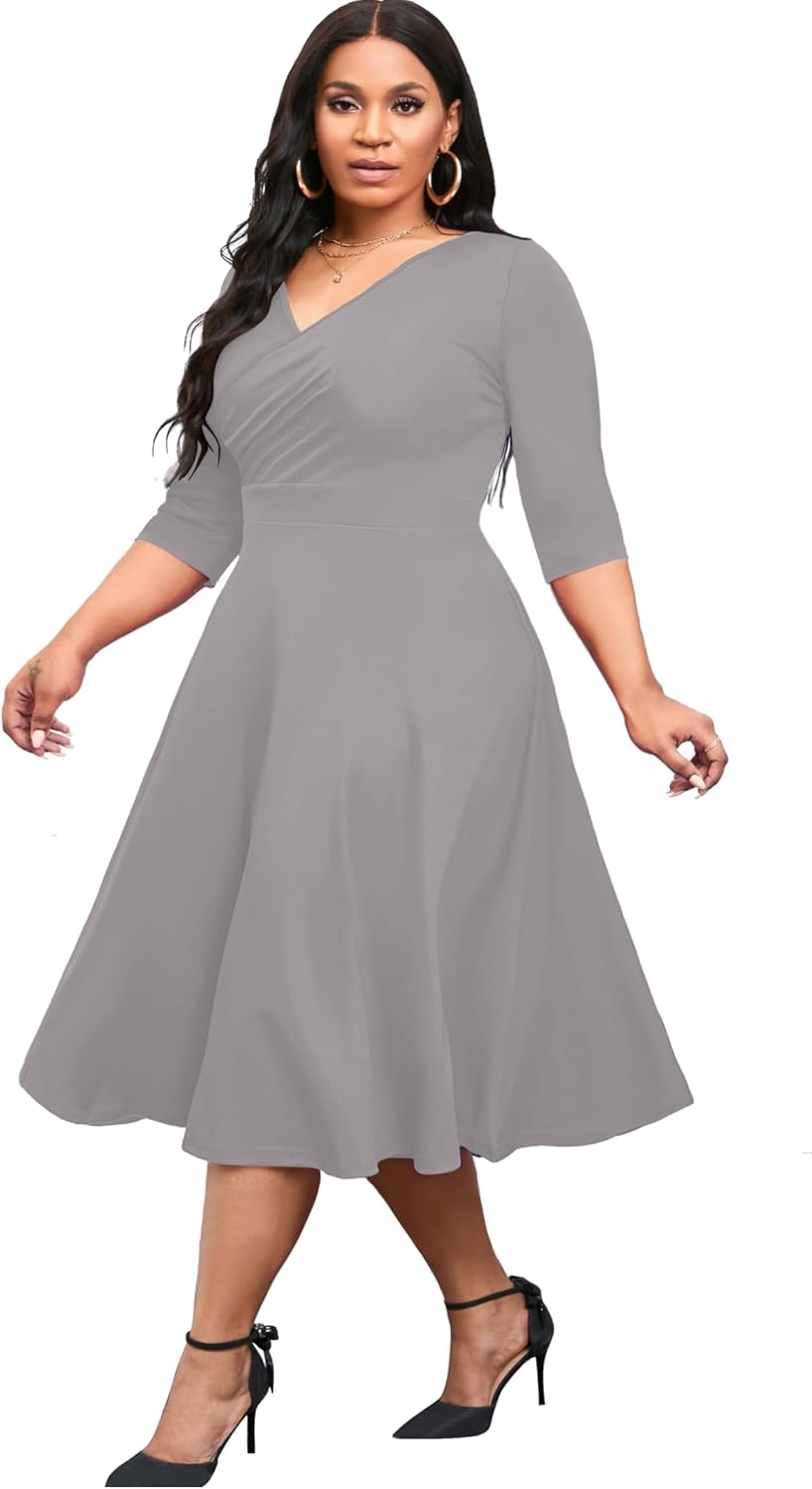 CLOCOR Plus Size Midi Dresses for Women A-Line V Neck Wrap Casual Dress | Curvy fit, shirred bodice, 3\/4 sleeve, hidden pockets, stretch empire waist, elegant style for cocktail party