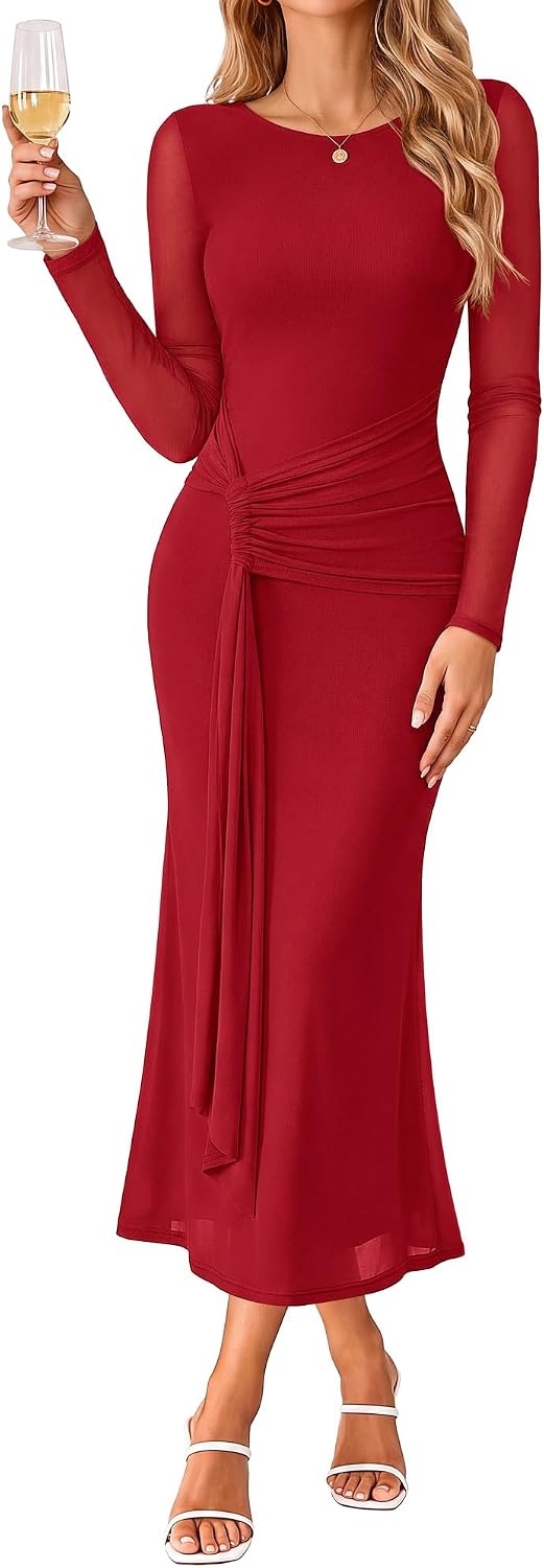 GRACE KARIN Women's Long Sleeve Bodycon Wedding Guest Dress | Cocktail Party,Formal,Maxi,Crew Neck,Mesh,Ruched