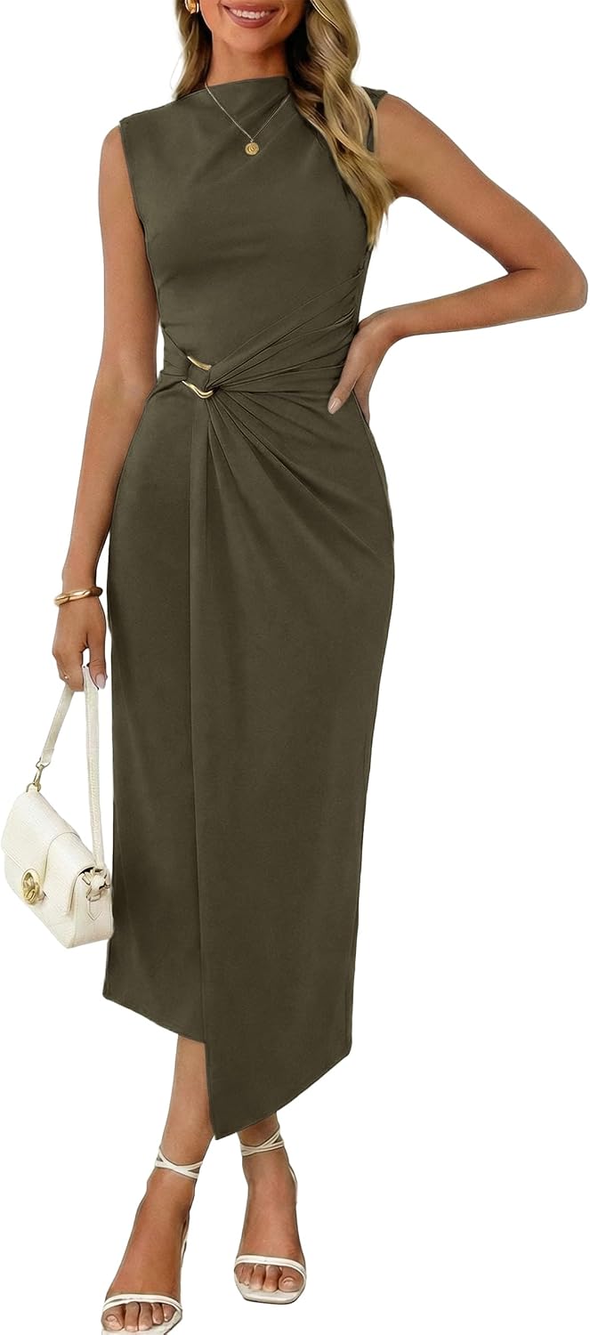 Valiamcep Womens Mock Neck Ribbed Knit Ruched Bodycon Midi Dresses | Elegant Semi Formal Wedding Guest Cocktail Party Date Night Homecoming Christmas Long Dress, Spring Summer Fall Outfits