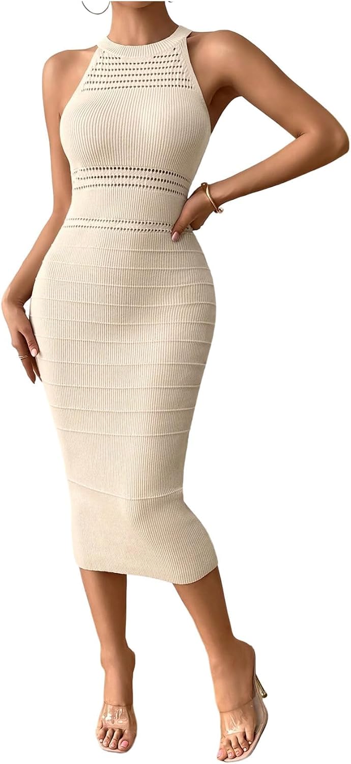 GORGLITTER Women's Sleeveless Sweater Dress Knit Fall Wedding Guest Dresses | Crochet Halter Midi Dresses, Party Cocktail Prom Going Out Outfits, Dressy Casual Clothes