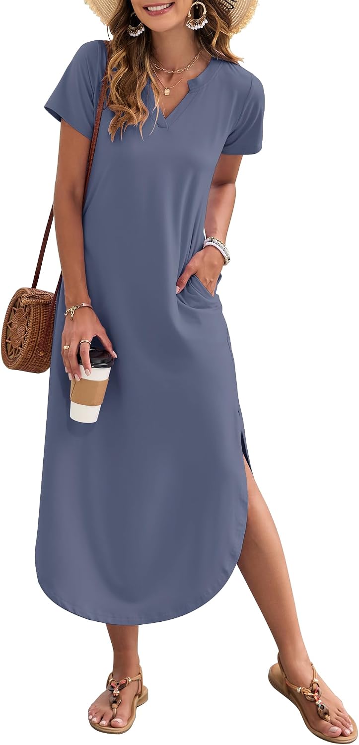 MISFAY Women's Short Sleeves Summer Maxi Dresses with Pocket | Notched V-neck, Side Splits, Two Pockets, Swing Sundress Hem, Loose Shirt Dress Fit, Ankle Length, Beach Vacation Outfits