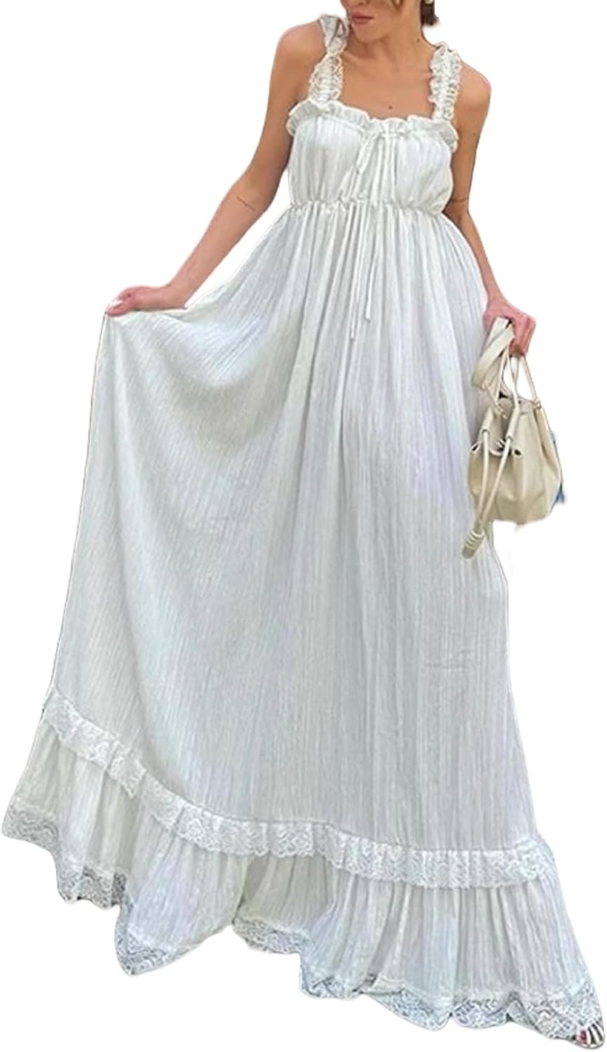 NUFIWI Women White Tiered Cami Long Dress Lace Trim Ruffle Flowy Maxi Dress Sleeveless Swing High Waist Aline Sundress