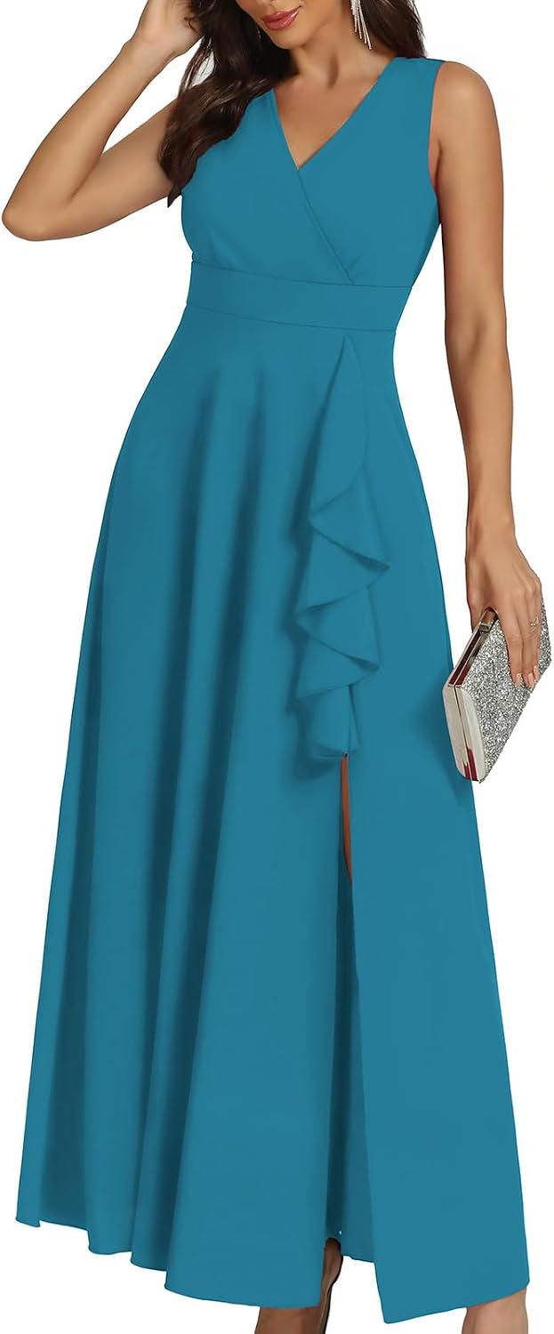 COOAN Women's Black Long Formal Dresses Cocktail Wedding Guest Dress Ruffle Split Elegant V Neck Party Gowns