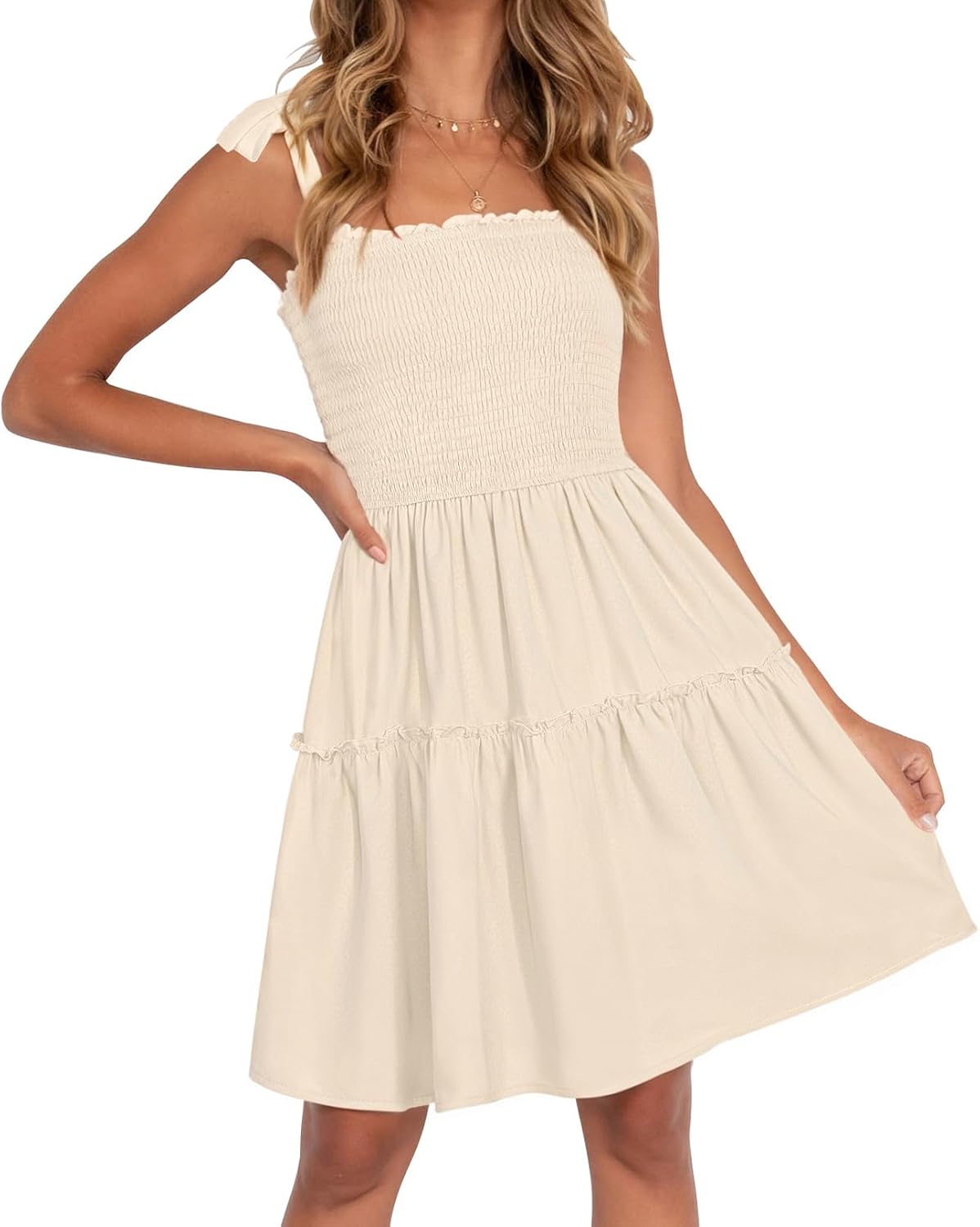 ZESICA Womens Summer Spaghetti Strap Sleeveless Mini Dress | Square Neck, Ruffle Hem, A-Line, Flowy Swing Dress, Sun Dress, Wedding Guest Short Dress