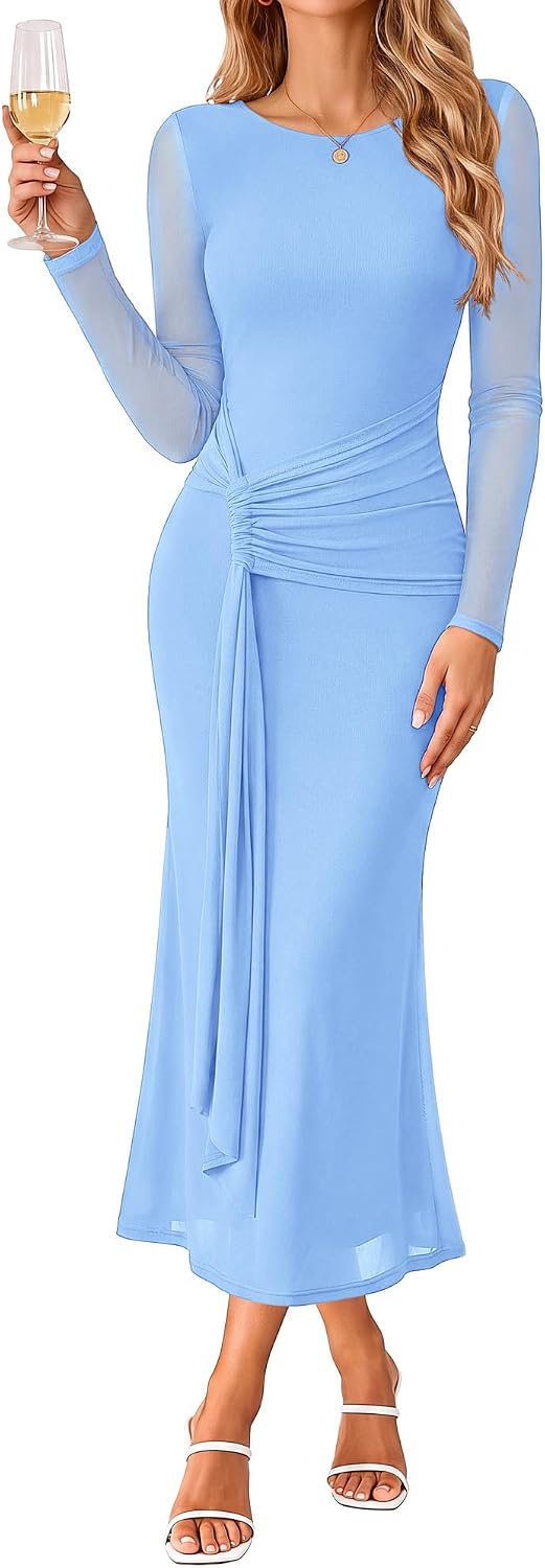 GRACE KARIN Women's Long Sleeve Bodycon Wedding Guest Dress | Cocktail Party,Formal,Maxi,Crew Neck,Mesh,Ruched