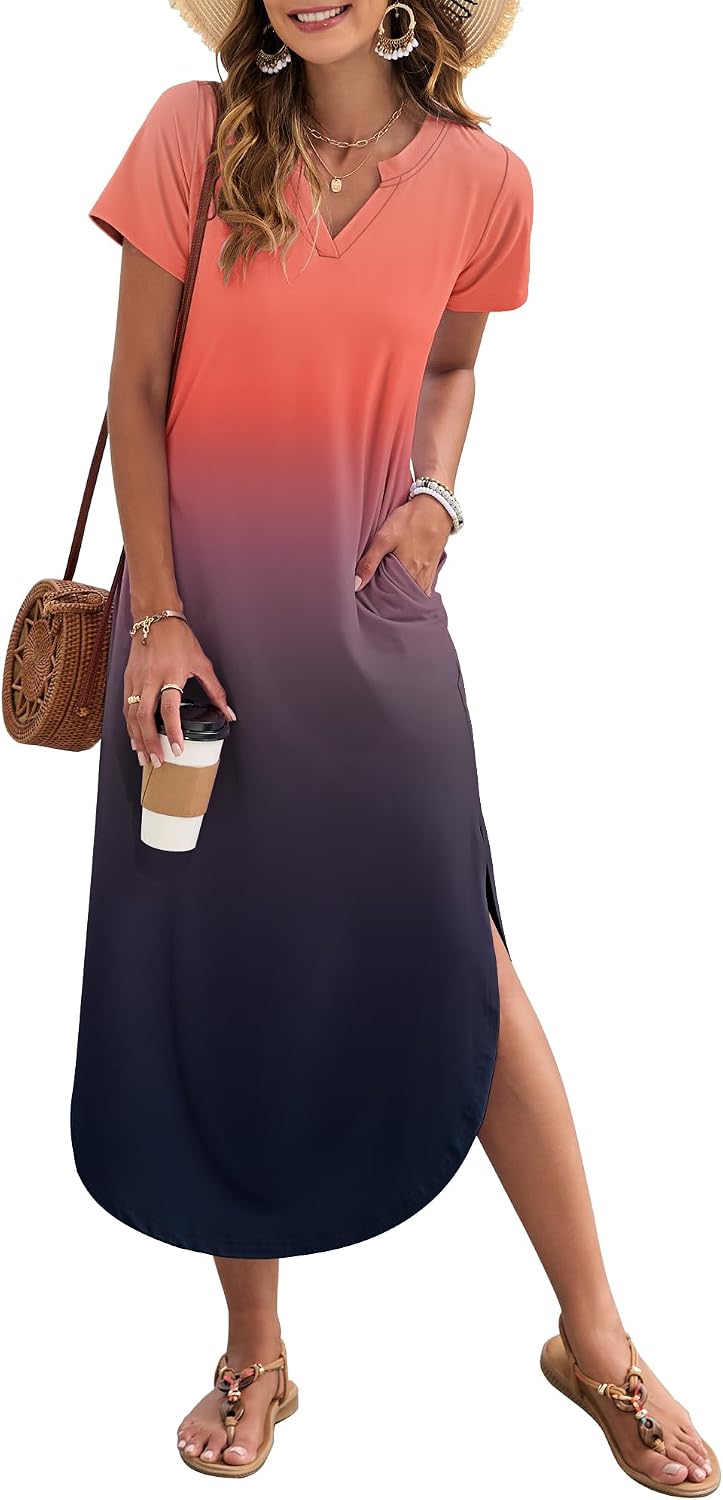 MISFAY Women's Short Sleeves Summer Maxi Dresses with Pocket | Notched V-neck, Side Splits, Two Pockets, Swing Sundress Hem, Loose Shirt Dress Fit, Ankle Length, Beach Vacation Outfits
