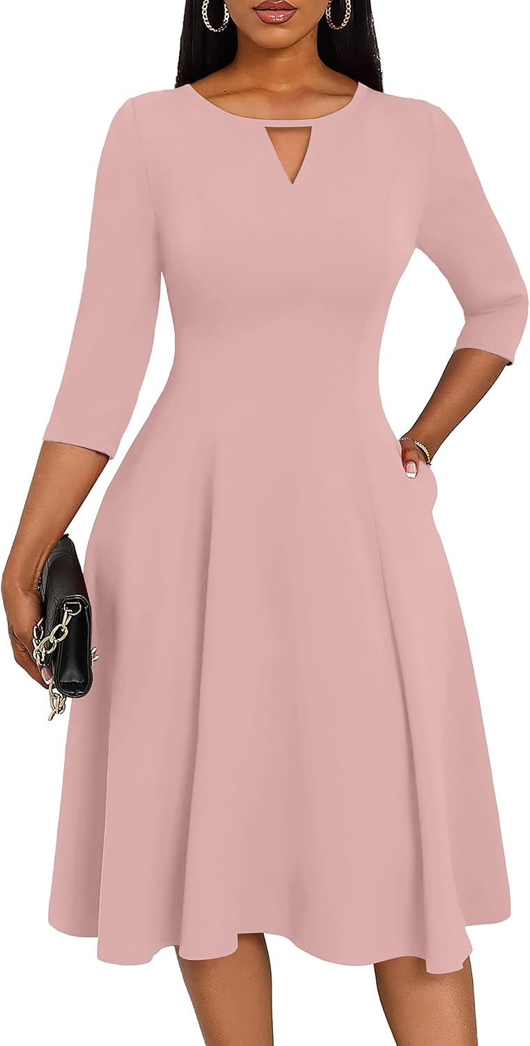 Nmoder Women's Keyhole Midi Dress - 3\/4 Sleeve A-Line with Pockets | Keyhole neckline and A-line flatter figure,stretch fabric feels comfy and resists wrinkles,hidden pockets,back zipper