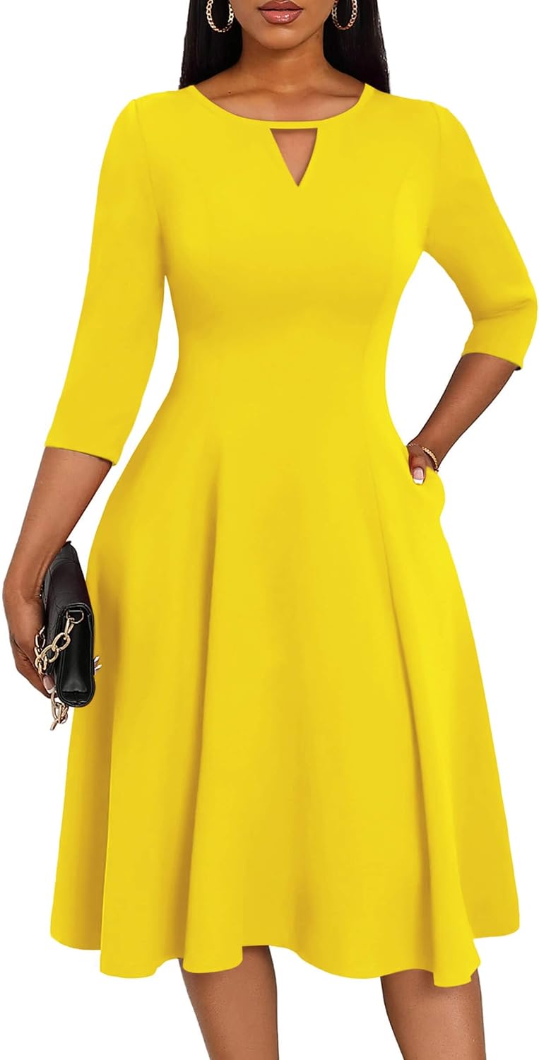 Nmoder Women's Keyhole Midi Dress - 3\/4 Sleeve A-Line with Pockets | Keyhole neckline and A-line flatter figure,stretch fabric feels comfy and resists wrinkles,hidden pockets,back zipper