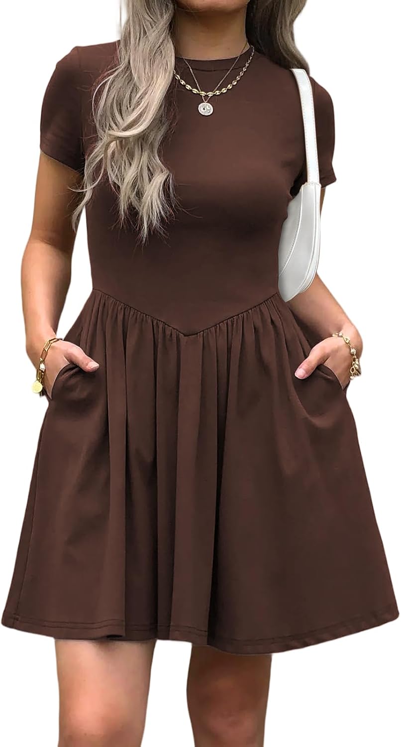 Evzeiem Womens Summer T Shirt Dress Short Sleeve Casual Mini Dresses Drop Waist Swing A Line Dress with Pockets