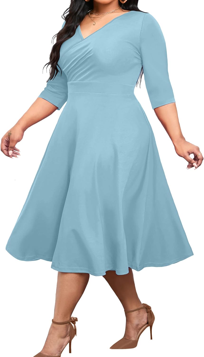 CLOCOR Plus Size Midi Dresses for Women A-Line V Neck Wrap Casual Dress | Curvy fit, shirred bodice, 3\/4 sleeve, hidden pockets, stretch empire waist, elegant style for cocktail party
