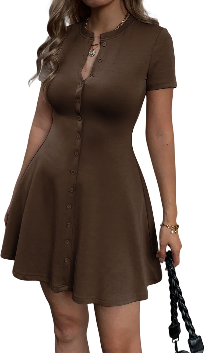 Mieazom Women's Summer Button Down A Line Flare Crewneck Mini Dress | Button Up,Short Sleeve,Button V Neck,Preppy,Cute Shirt Shift Skater Short Dress,Semi Formal Work