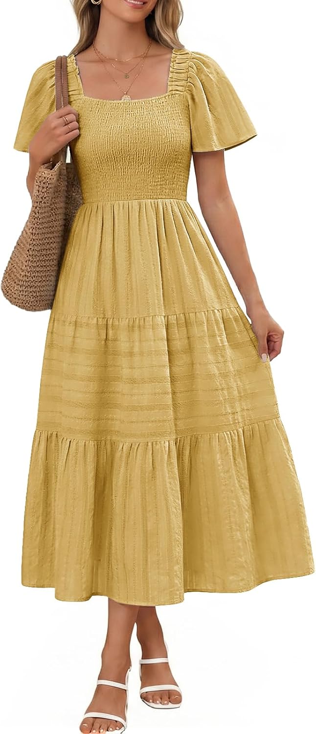 Bbonlinedress Women Summer Midi Casual Smocked Boho Dress with Pockets | Square Neck, Tea Length, Ruffle Short Sleeve, Cotton, Wedding Guest Church, Flowy Fit & Flare Dress
