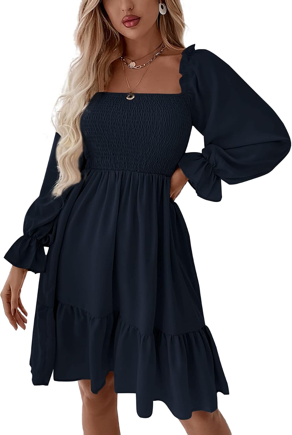 LYANER Women's Shirred Party Mini Dress | Square Neck Lantern Long Sleeve Ruffle A Line Flowy Casual Short Dresses