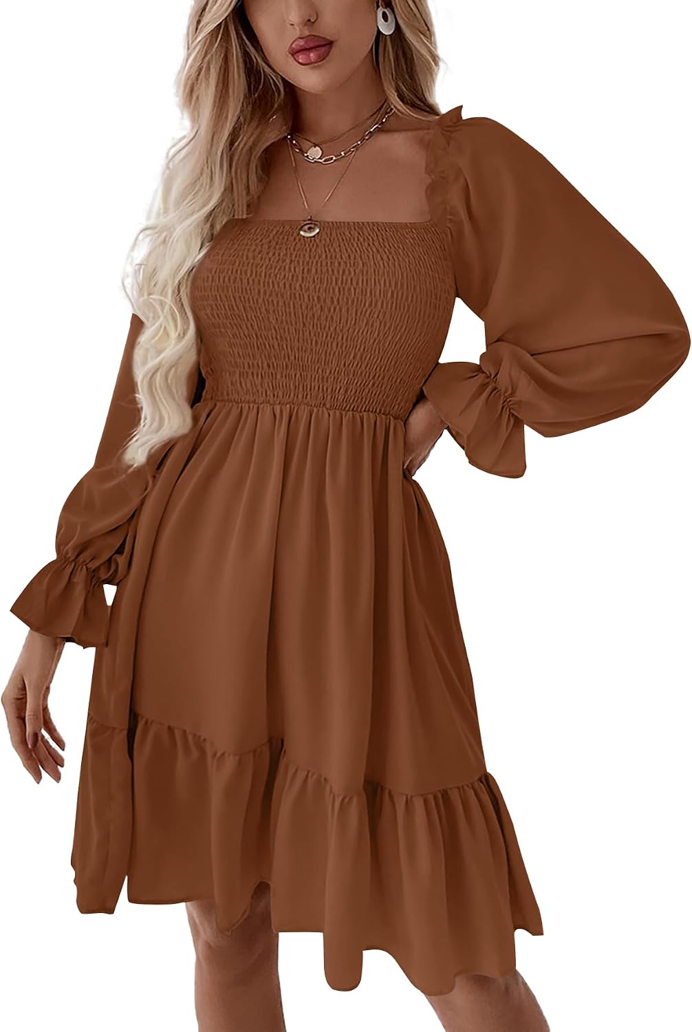 LYANER Women's Shirred Party Mini Dress | Square Neck Lantern Long Sleeve Ruffle A Line Flowy Casual Short Dresses