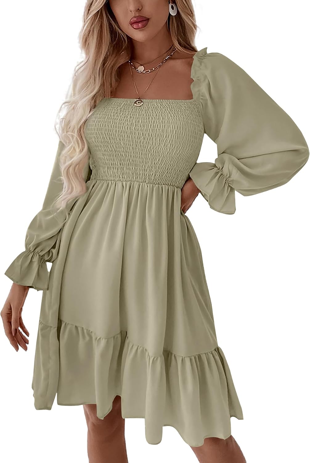 LYANER Women's Shirred Party Mini Dress | Square Neck Lantern Long Sleeve Ruffle A Line Flowy Casual Short Dresses